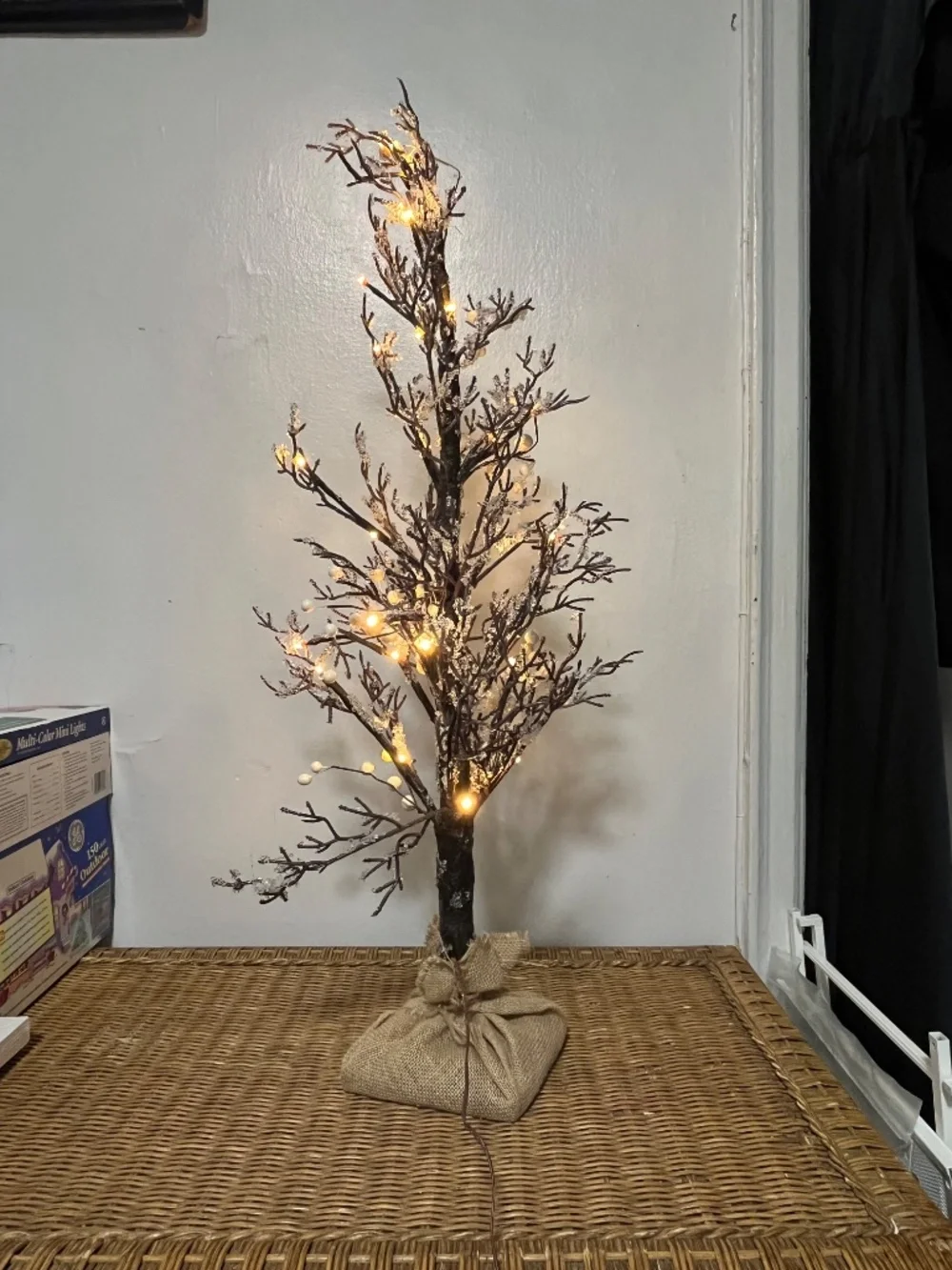 West Elm. Nearly Natural Pre-Lit Twig Artificial Tree in Burlap Planter.  NWOT